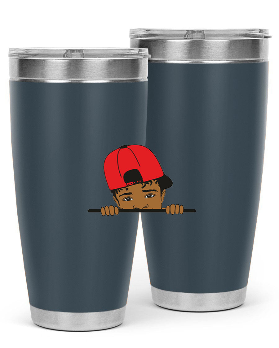 Black boy 23# tumbler, 20oz, double wall vacuum stainless steel with copper lining, featuring a press-in drink-thru lid.