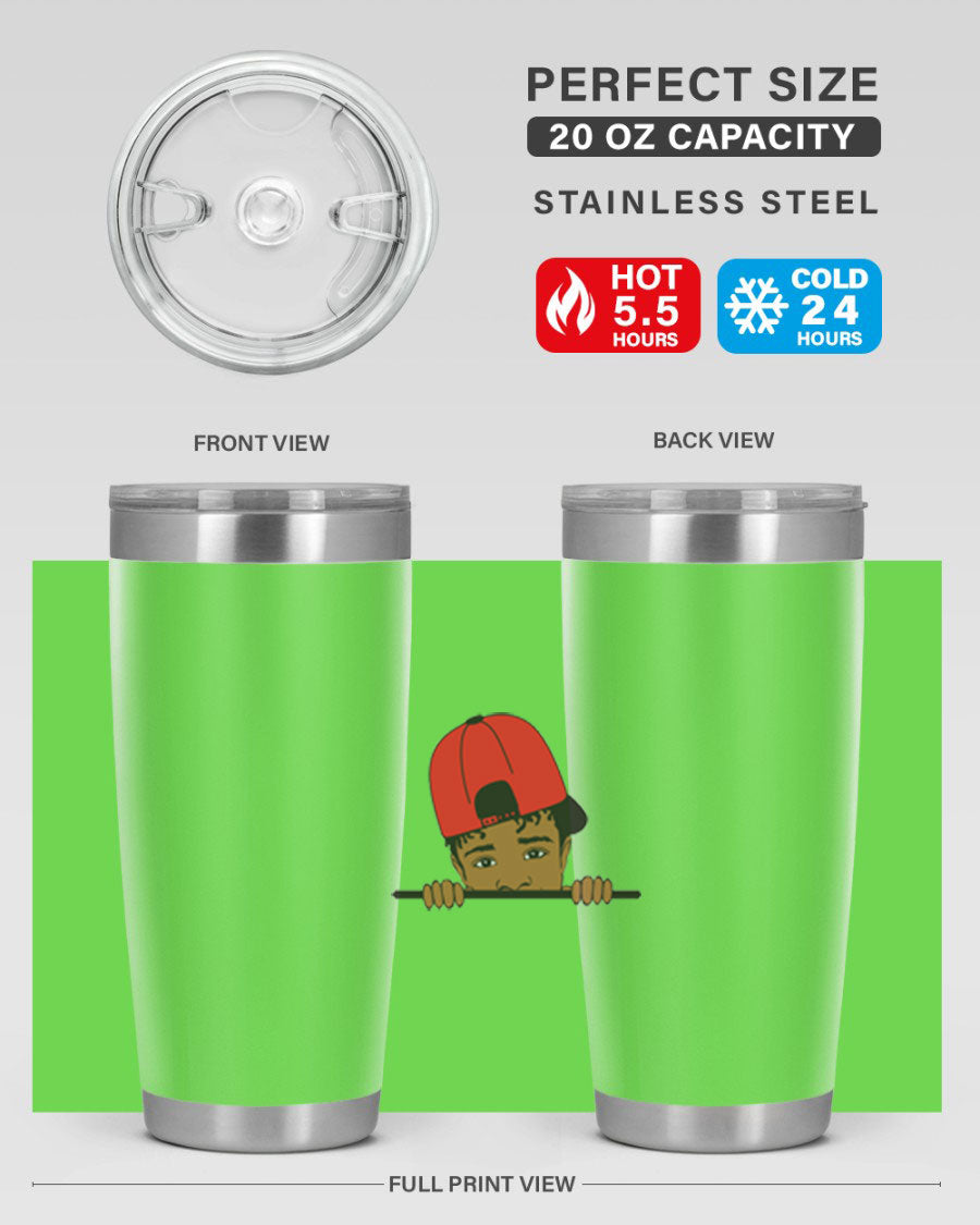 Black boy 23# tumbler, 20oz, double wall vacuum stainless steel with copper lining, featuring a press-in drink-thru lid.