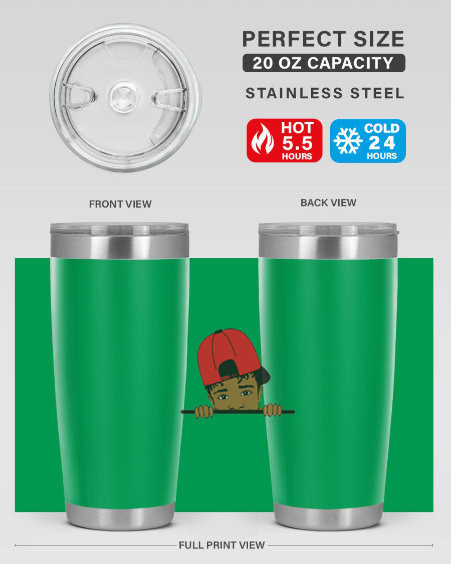 Black boy 23# tumbler, 20oz, double wall vacuum stainless steel with copper lining, featuring a press-in drink-thru lid.