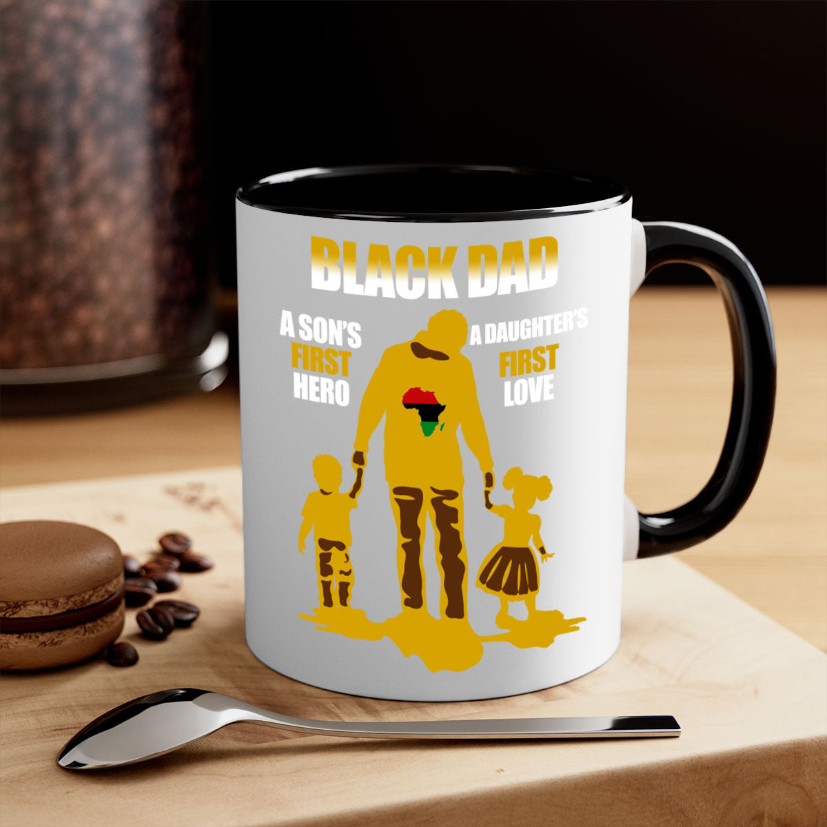 Black dad 212# mug with colorful handle and glossy finish, available in multiple colors and sizes.