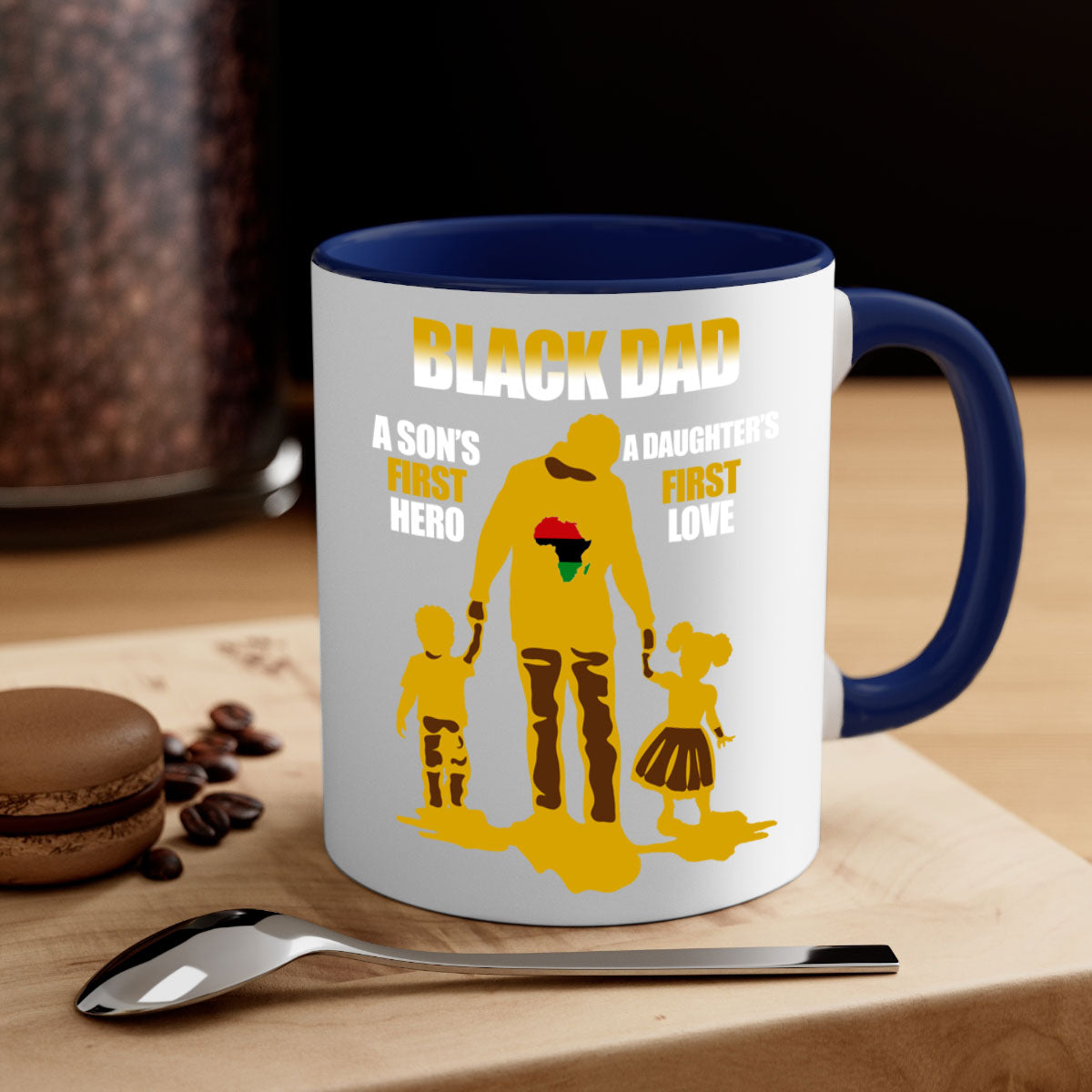 Black dad 212# mug with colorful handle and glossy finish, available in multiple colors and sizes.