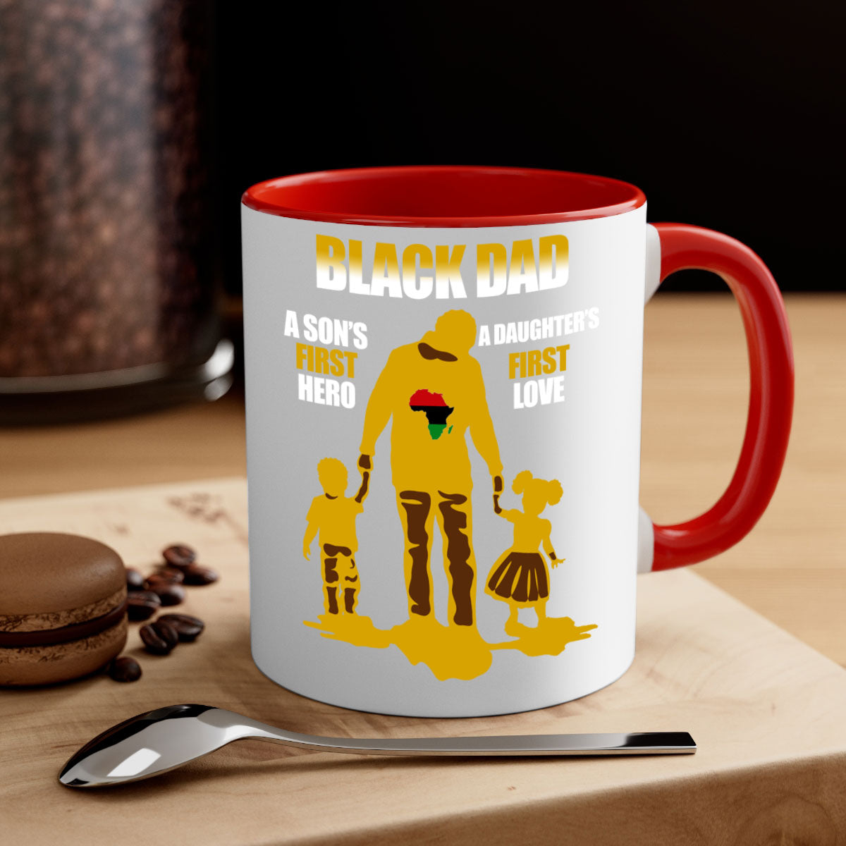 Black dad 212# mug with colorful handle and glossy finish, available in multiple colors and sizes.