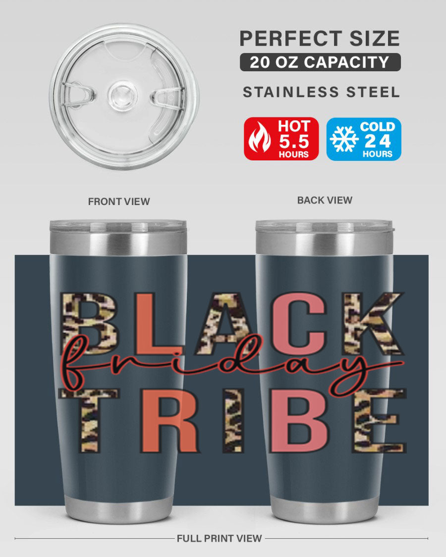 Black Friday Tribe 46# 20oz Tumbler in stainless steel with a sleek design, featuring a drink-thru lid and copper lining.