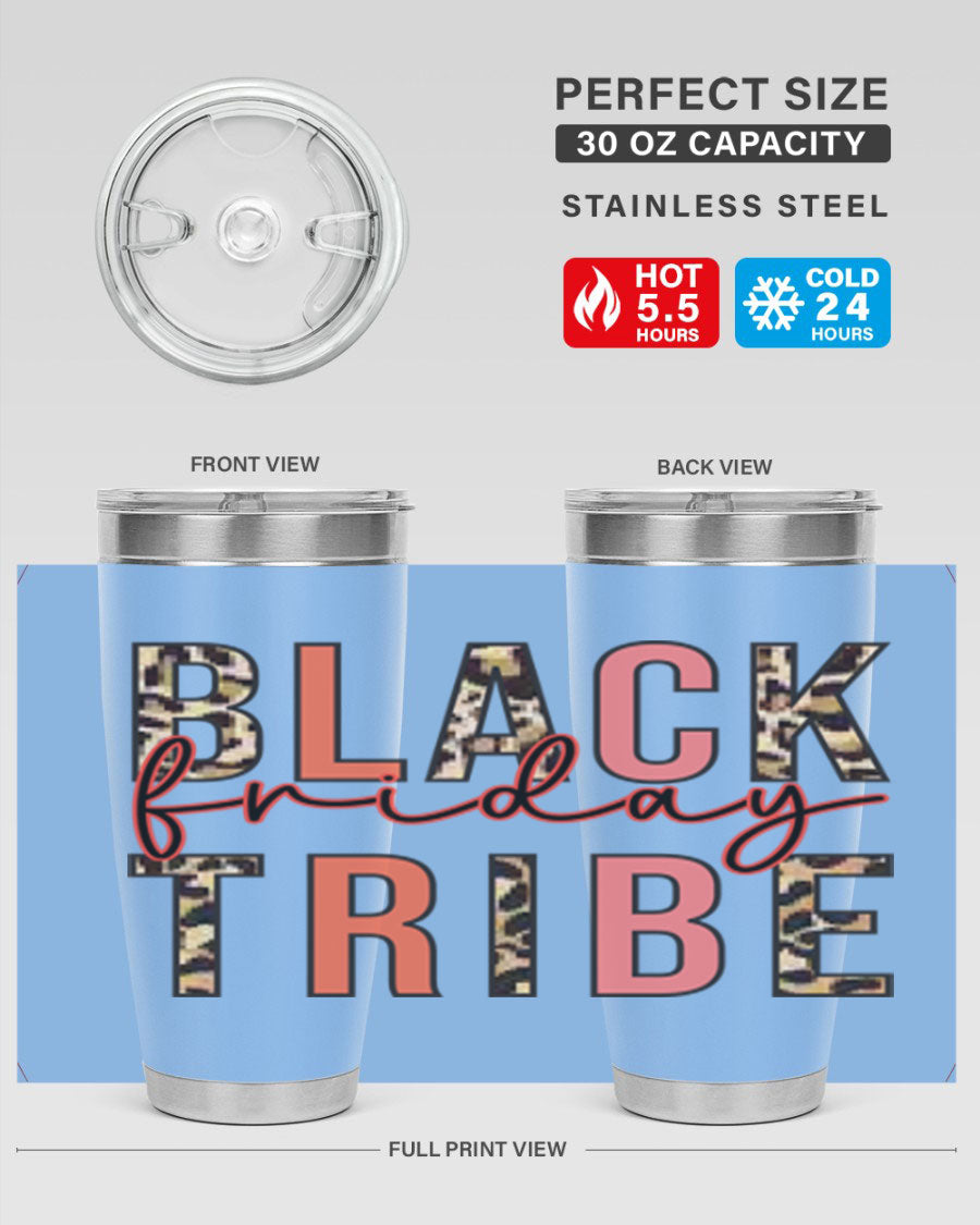 Black Friday Tribe 46# 20oz Tumbler in stainless steel with a sleek design, featuring a drink-thru lid and copper lining.