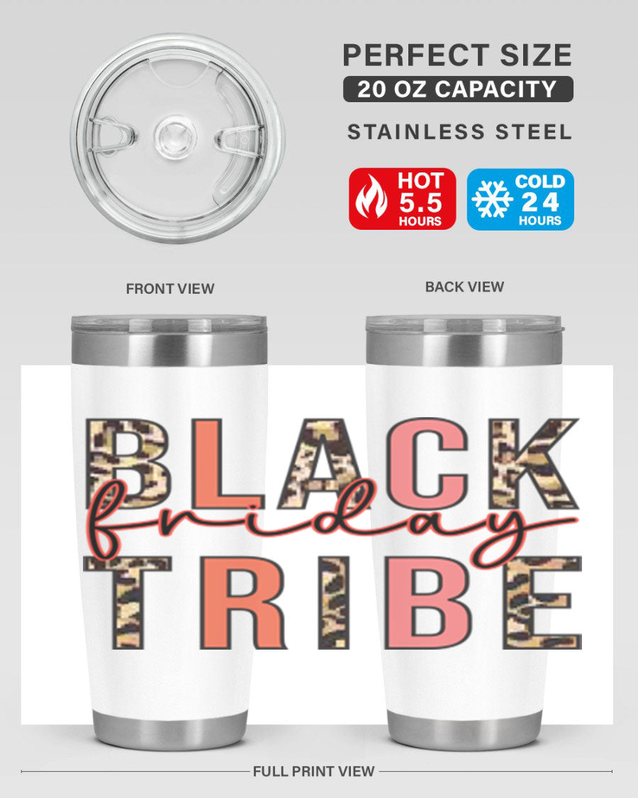 Black Friday Tribe 46# 20oz Tumbler in stainless steel with a sleek design, featuring a drink-thru lid and copper lining.