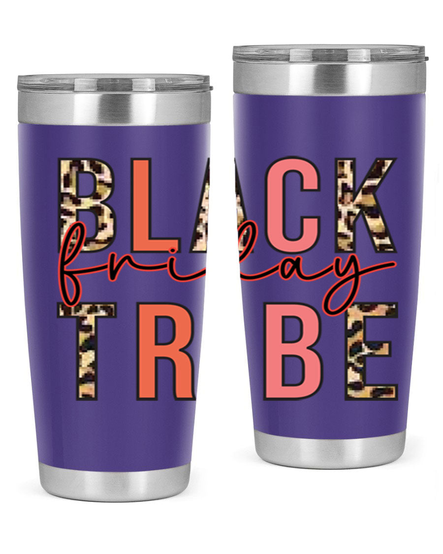 Black Friday Tribe 46# 20oz Tumbler in stainless steel with a sleek design, featuring a drink-thru lid and copper lining.