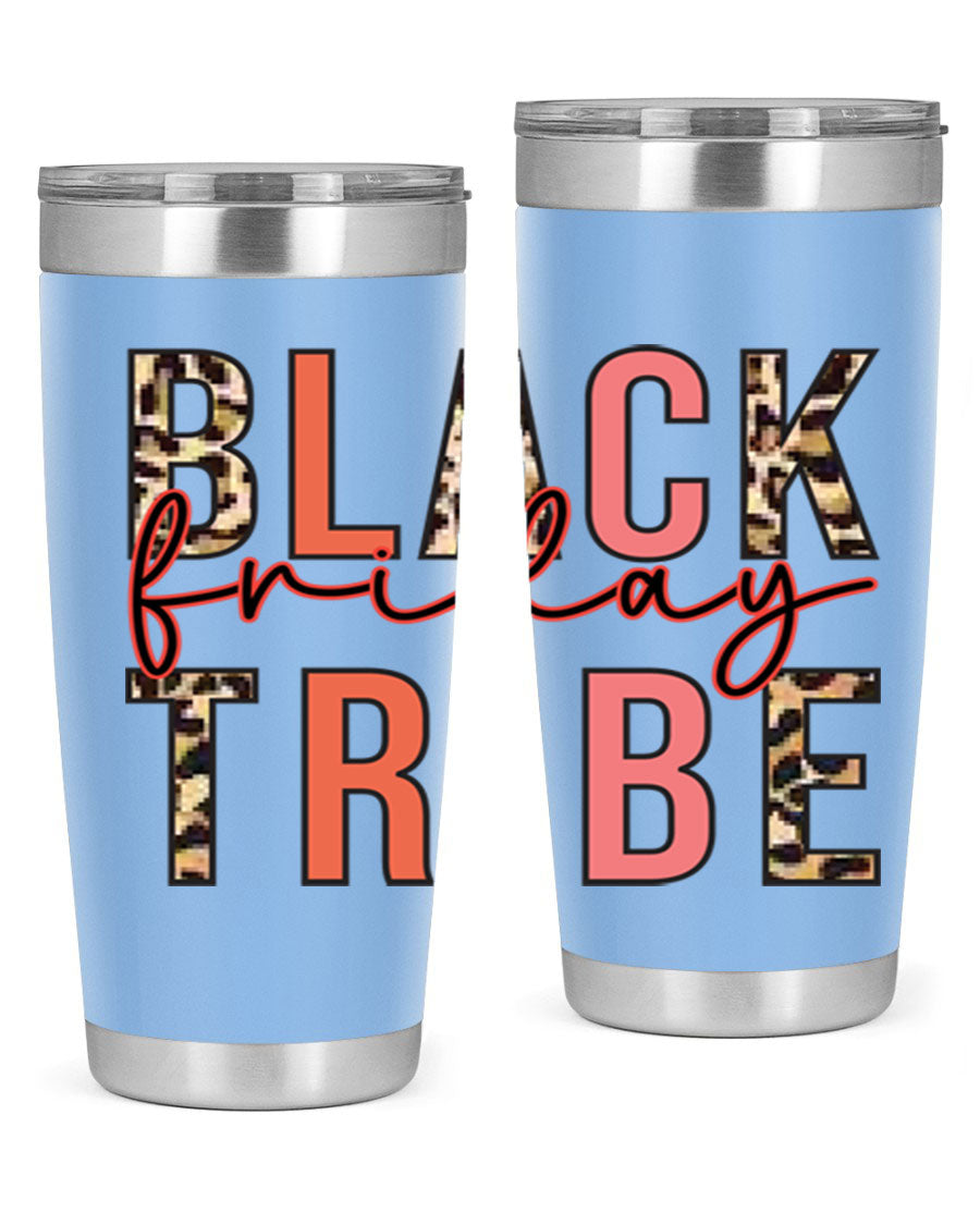 Black Friday Tribe 46# 20oz Tumbler in stainless steel with a sleek design, featuring a drink-thru lid and copper lining.