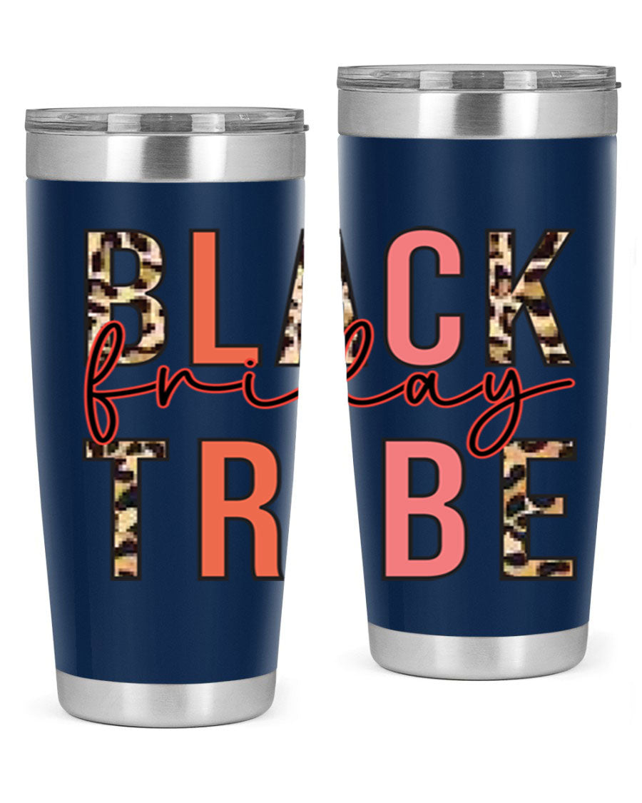 Black Friday Tribe 46# 20oz Tumbler in stainless steel with a sleek design, featuring a drink-thru lid and copper lining.