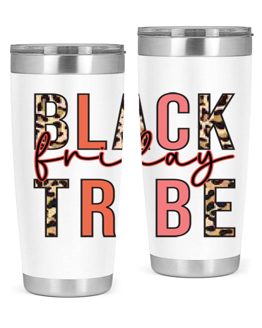 Black Friday Tribe 46# 20oz Tumbler in stainless steel with a sleek design, featuring a drink-thru lid and copper lining.