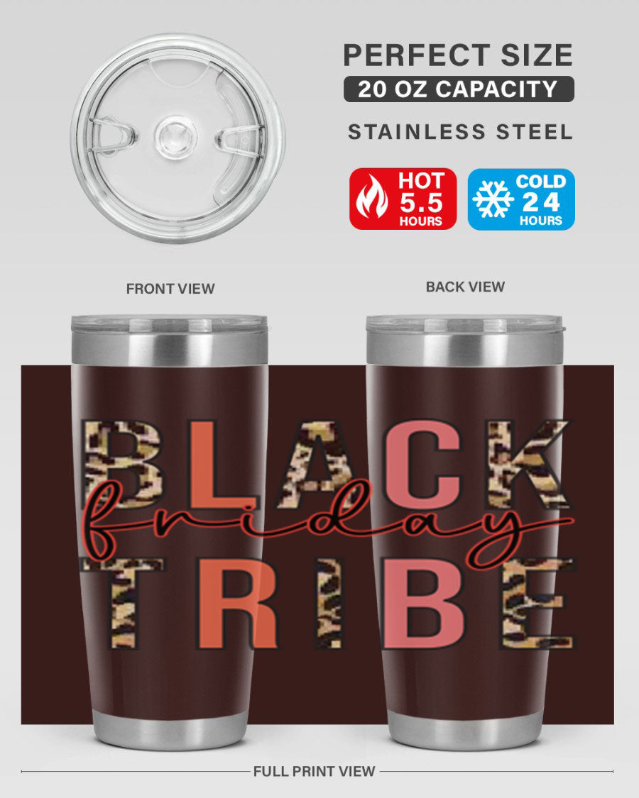 Black Friday Tribe 46# 20oz Tumbler in stainless steel with a sleek design, featuring a drink-thru lid and copper lining.