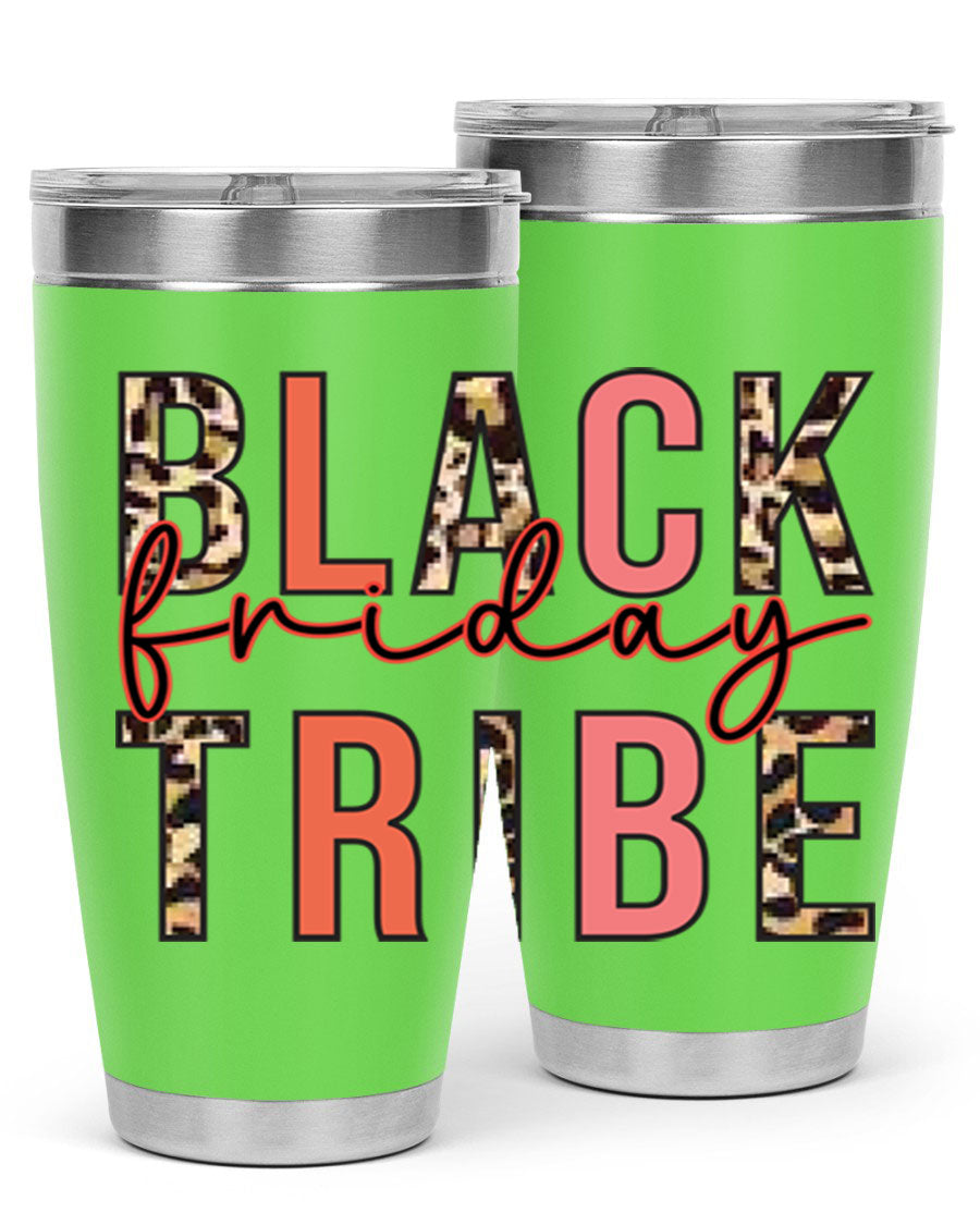 Black Friday Tribe 46# 20oz Tumbler in stainless steel with a sleek design, featuring a drink-thru lid and copper lining.