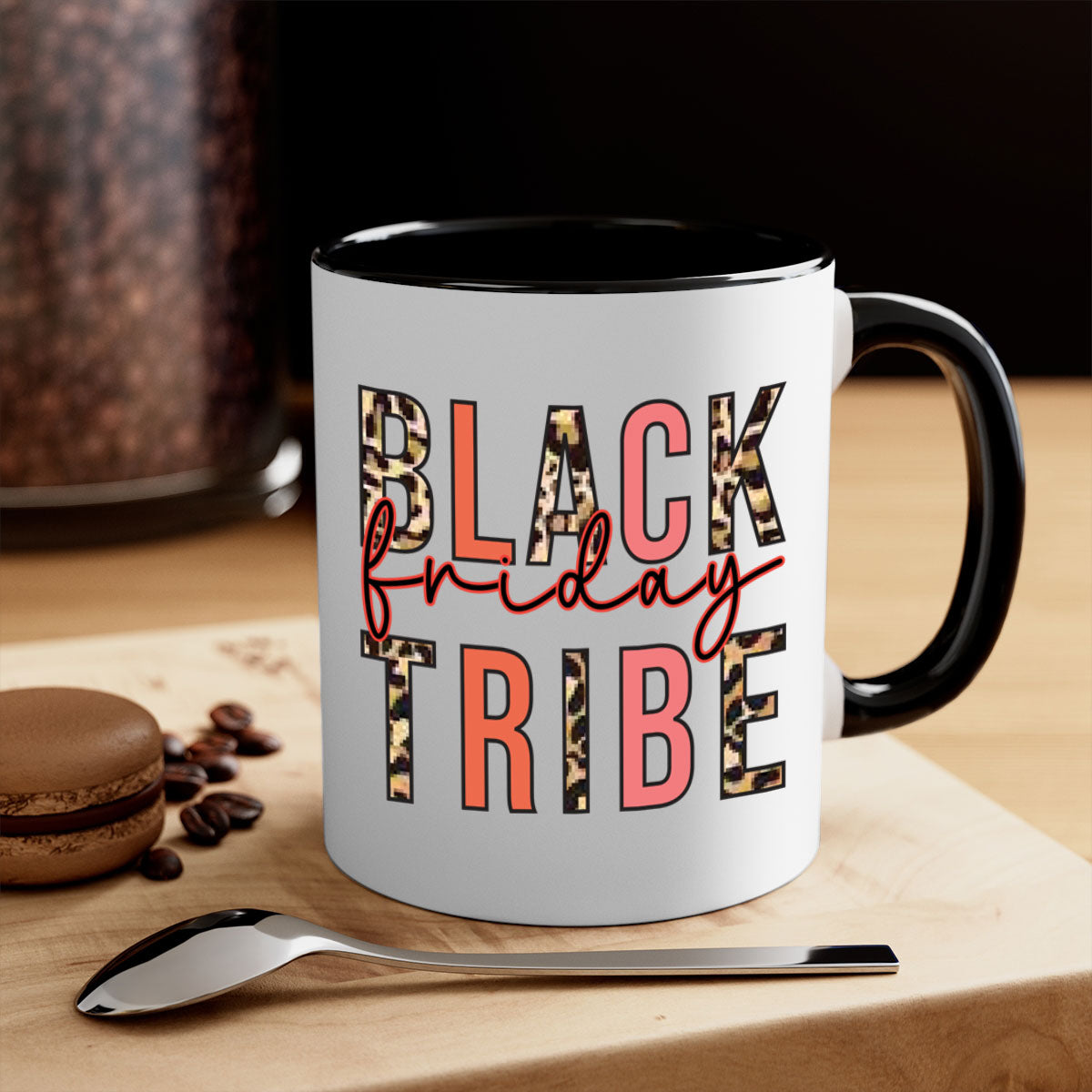 Black Friday Tribe 46# Mug with colorful handle and glossy finish, available in multiple sizes.