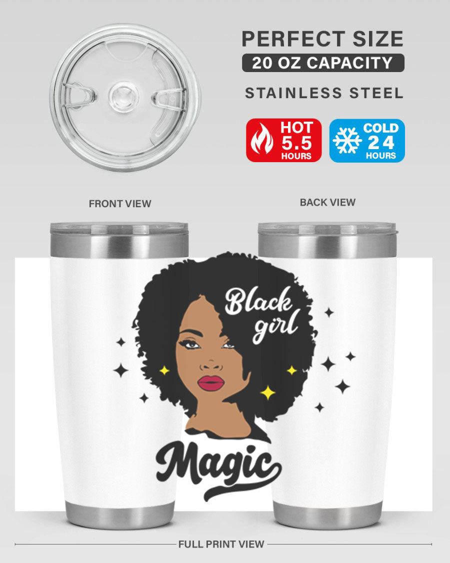 Black Girl Magic 20oz tumbler featuring a stylish design, double wall vacuum insulation, and a press-in drink-thru lid.