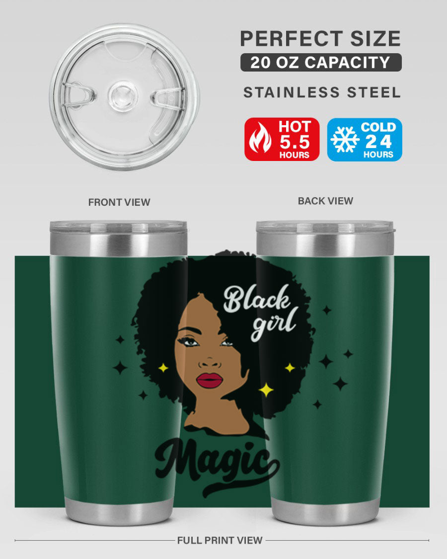 Black Girl Magic 20oz tumbler featuring a stylish design, double wall vacuum insulation, and a press-in drink-thru lid.