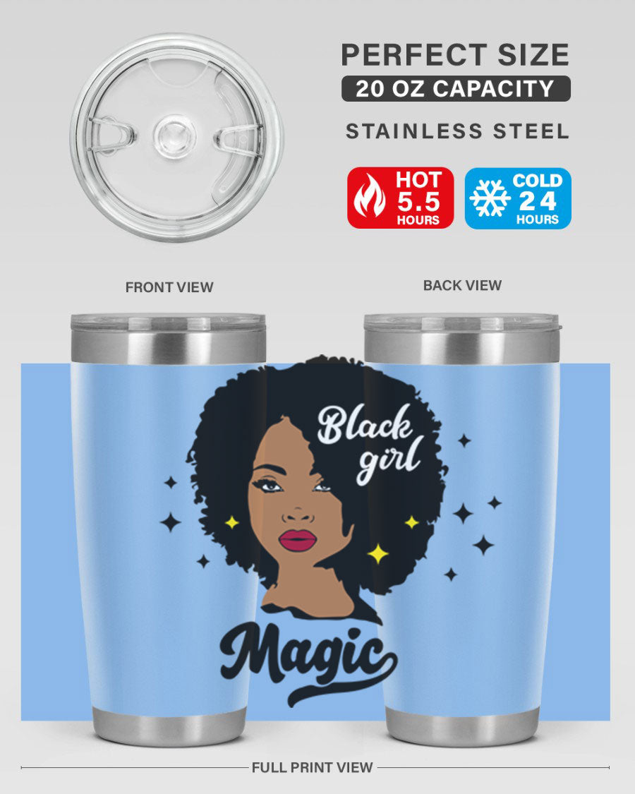 Black Girl Magic 20oz tumbler featuring a stylish design, double wall vacuum insulation, and a press-in drink-thru lid.