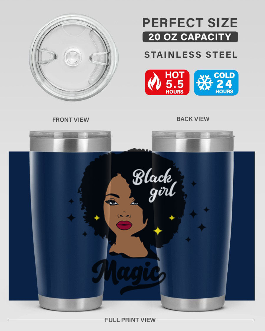 Black Girl Magic 20oz tumbler featuring a stylish design, double wall vacuum insulation, and a press-in drink-thru lid.