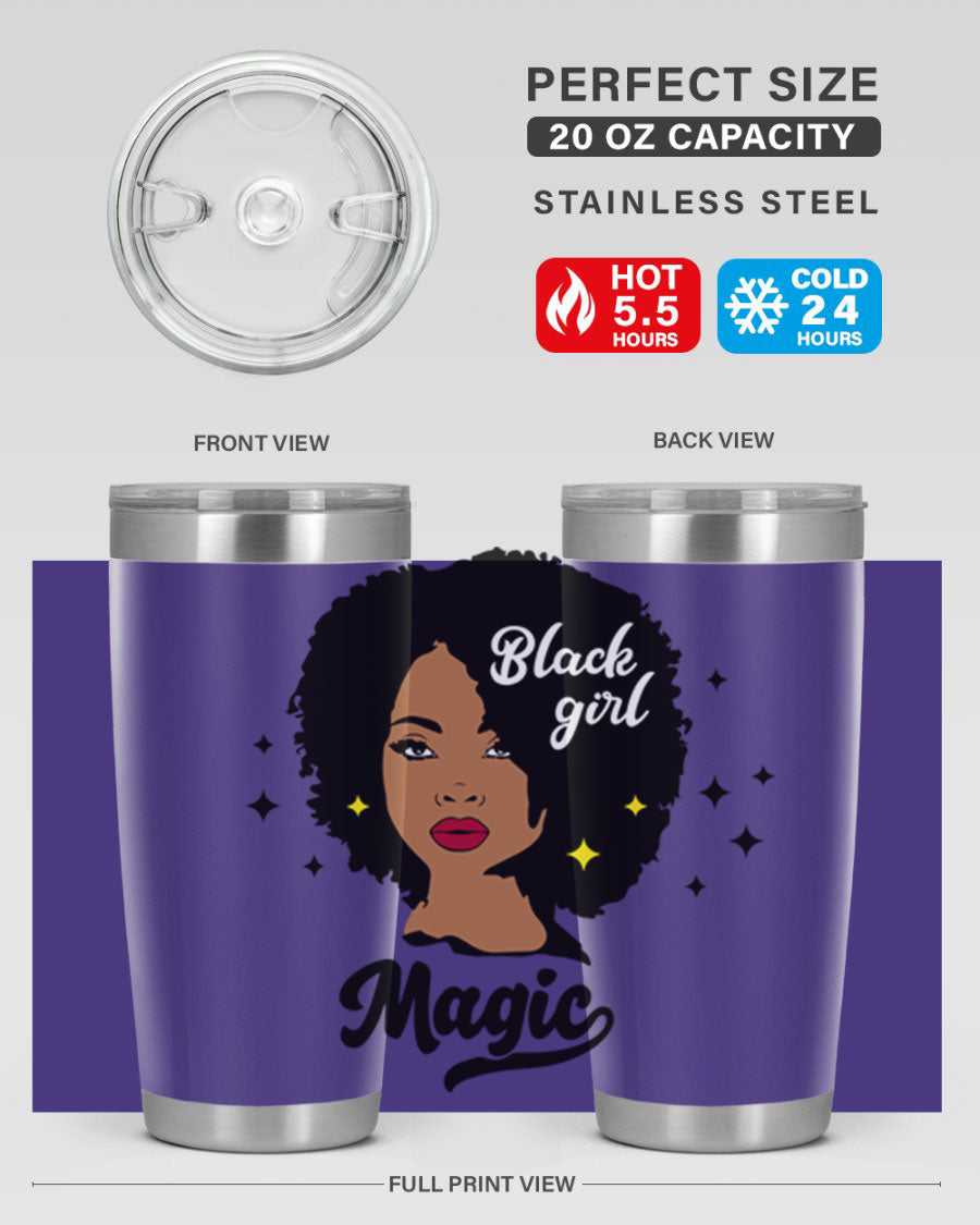 Black Girl Magic 20oz tumbler featuring a stylish design, double wall vacuum insulation, and a press-in drink-thru lid.