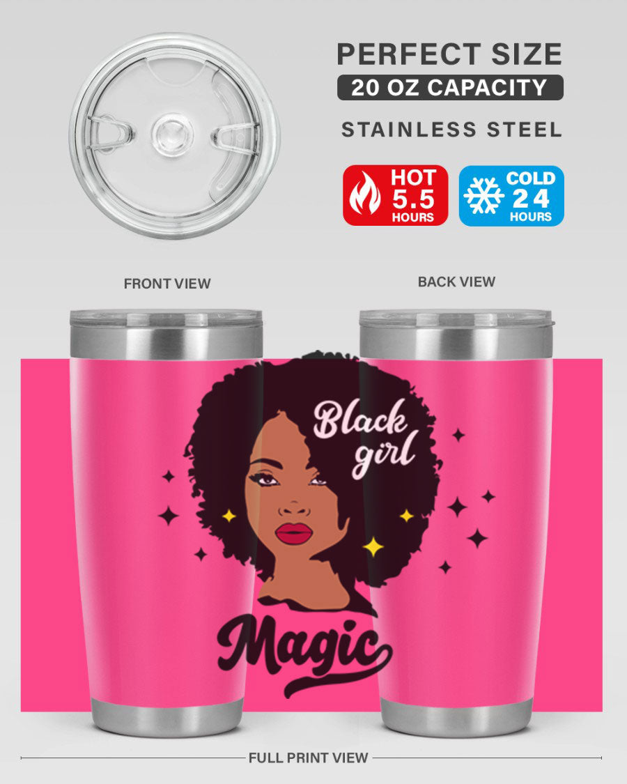 Black Girl Magic 20oz tumbler featuring a stylish design, double wall vacuum insulation, and a press-in drink-thru lid.