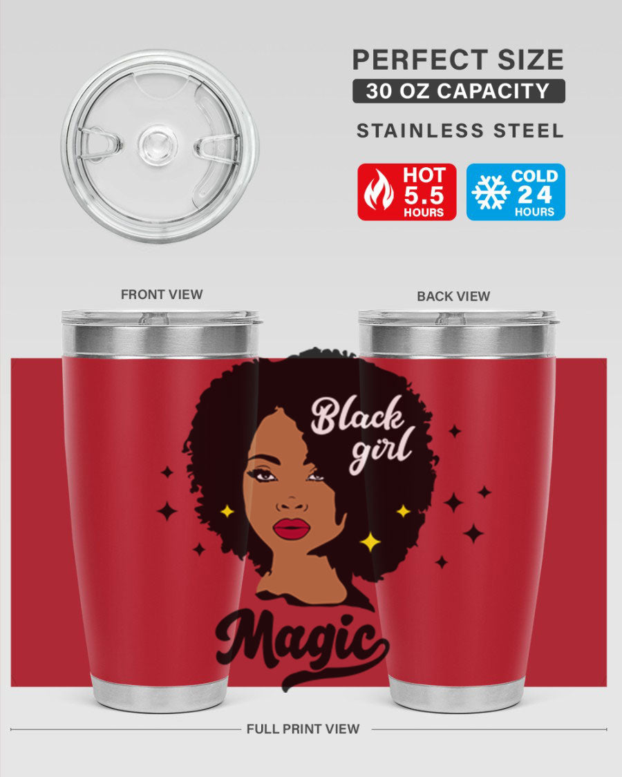 Black Girl Magic 20oz tumbler featuring a stylish design, double wall vacuum insulation, and a press-in drink-thru lid.