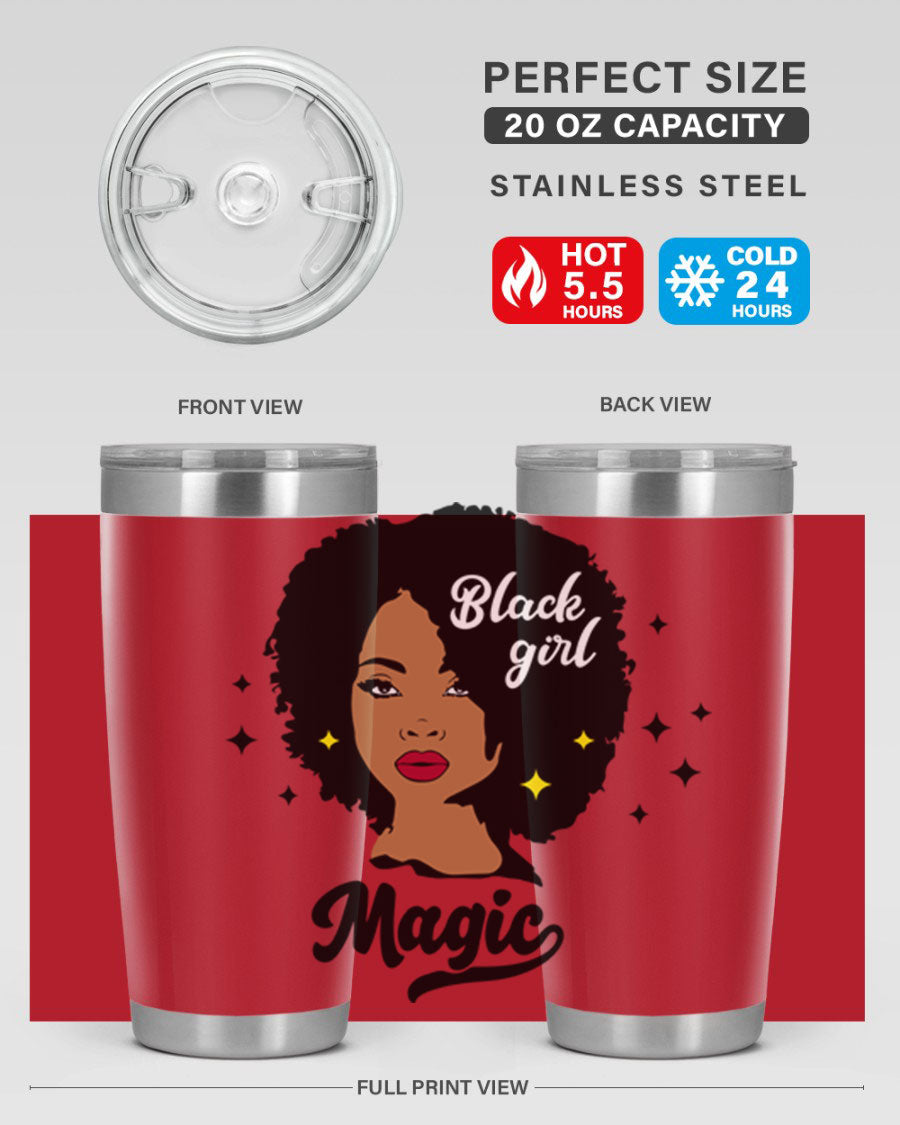 Black Girl Magic 20oz tumbler featuring a stylish design, double wall vacuum insulation, and a press-in drink-thru lid.