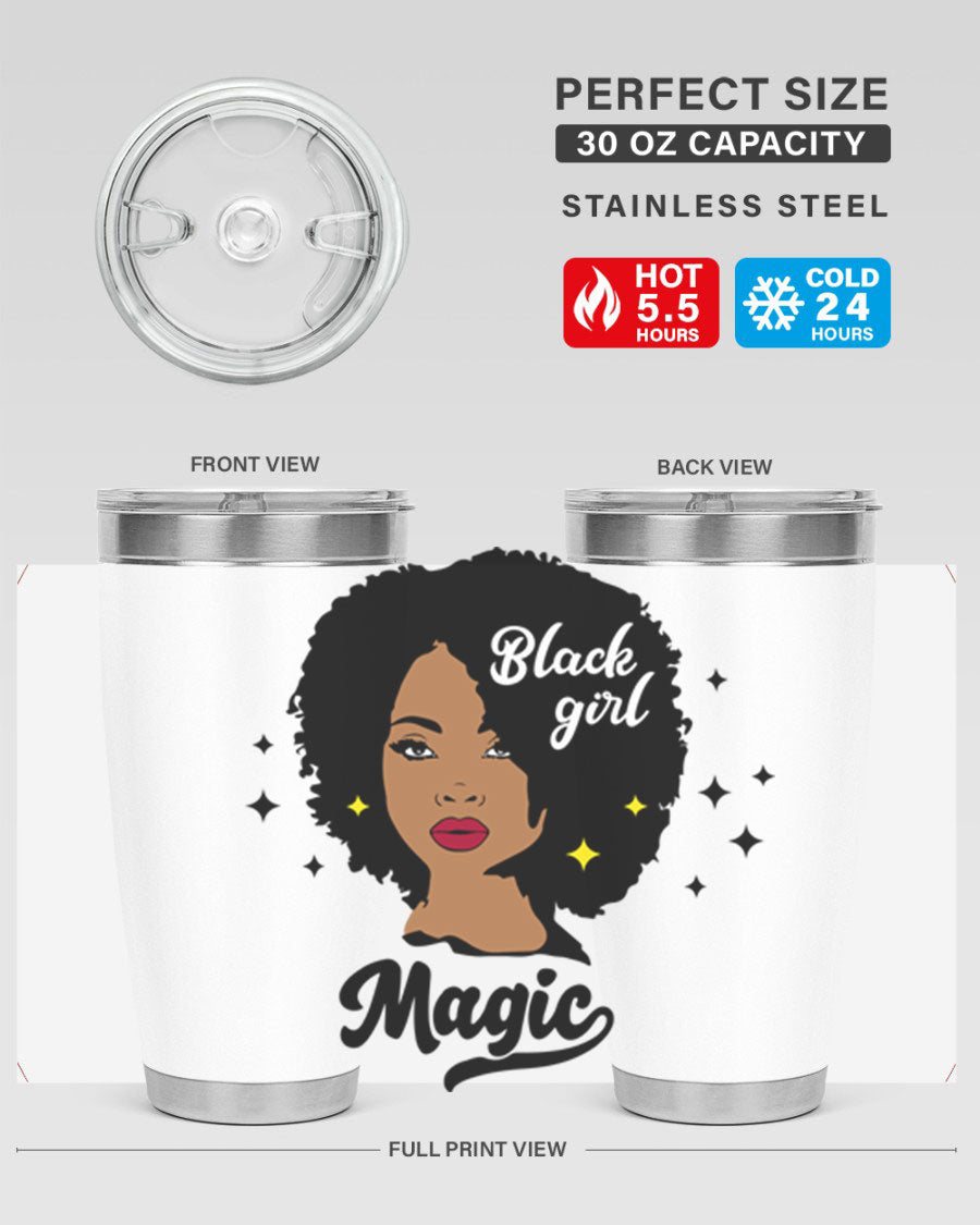 Black Girl Magic 20oz tumbler featuring a stylish design, double wall vacuum insulation, and a press-in drink-thru lid.