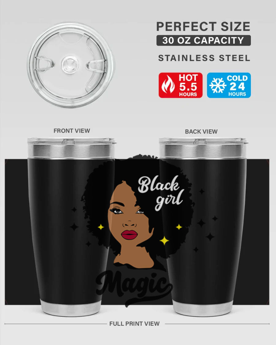 Black Girl Magic 20oz tumbler featuring a stylish design, double wall vacuum insulation, and a press-in drink-thru lid.