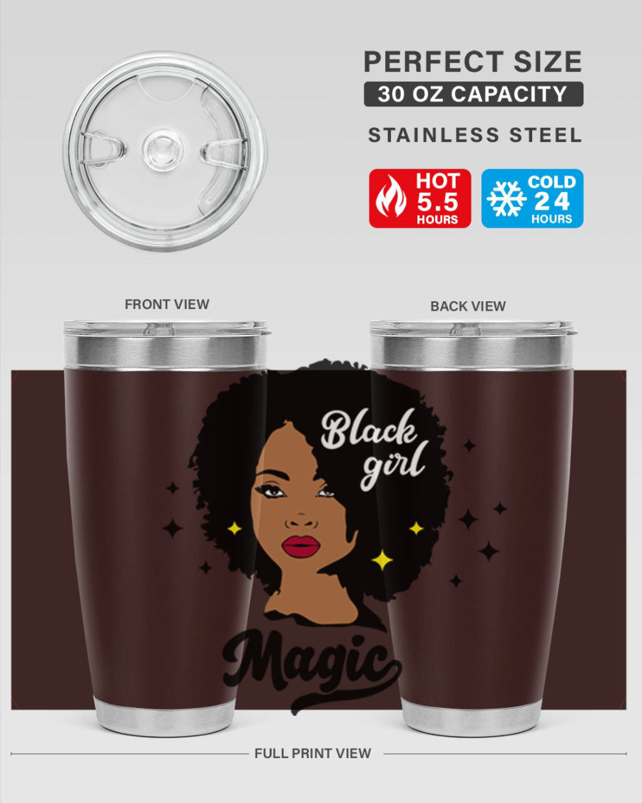 Black Girl Magic 20oz tumbler featuring a stylish design, double wall vacuum insulation, and a press-in drink-thru lid.