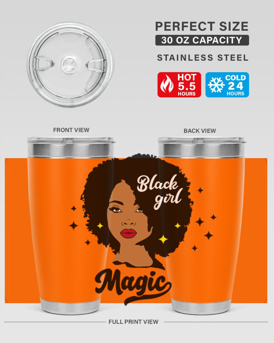 Black Girl Magic 20oz tumbler featuring a stylish design, double wall vacuum insulation, and a press-in drink-thru lid.