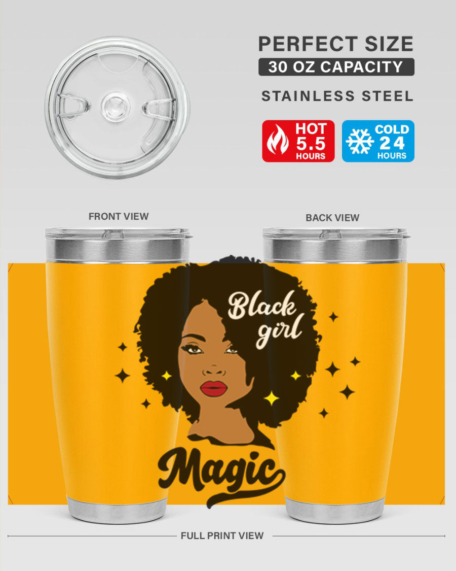 Black Girl Magic 20oz tumbler featuring a stylish design, double wall vacuum insulation, and a press-in drink-thru lid.