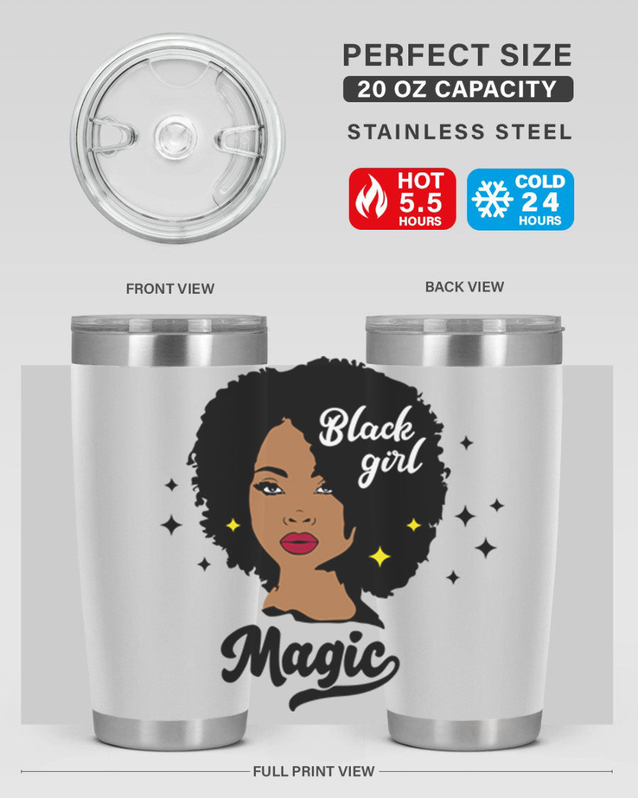 Black Girl Magic 20oz tumbler featuring a stylish design, double wall vacuum insulation, and a press-in drink-thru lid.