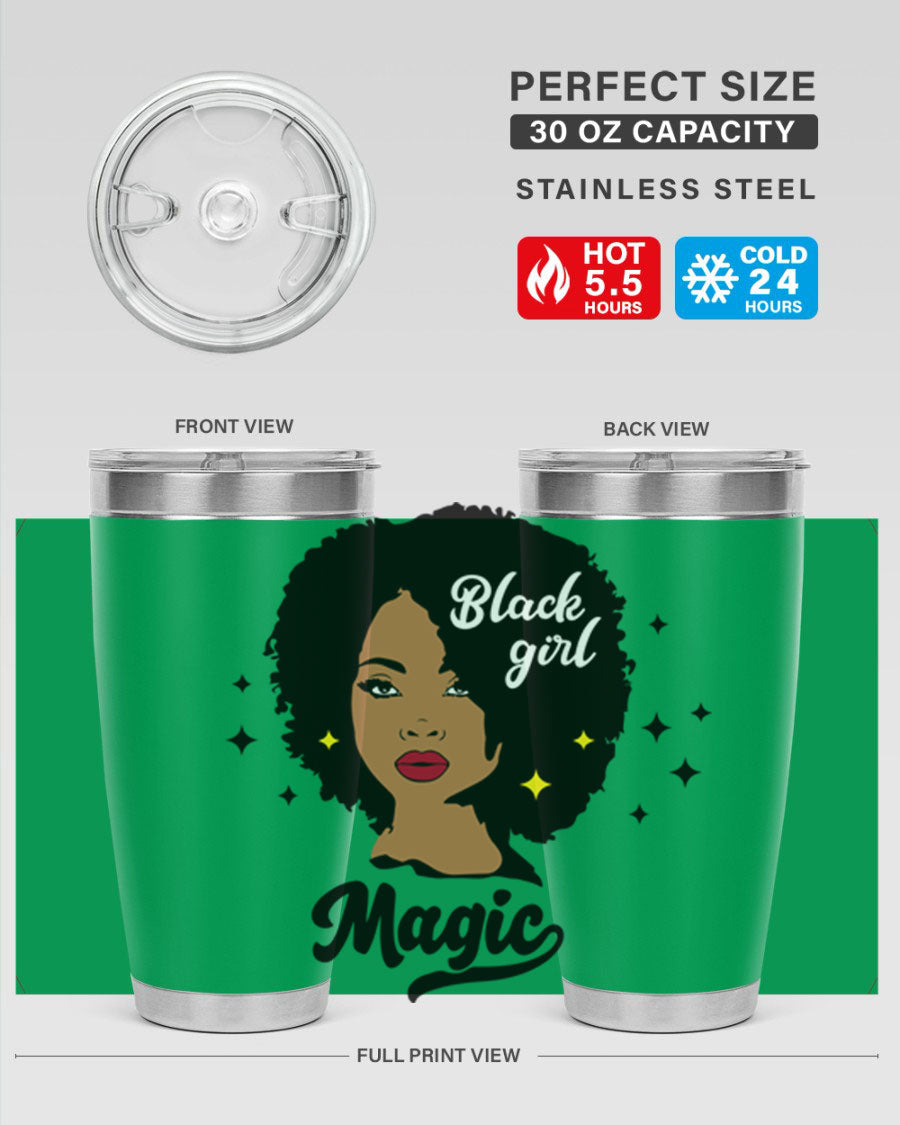 Black Girl Magic 20oz tumbler featuring a stylish design, double wall vacuum insulation, and a press-in drink-thru lid.