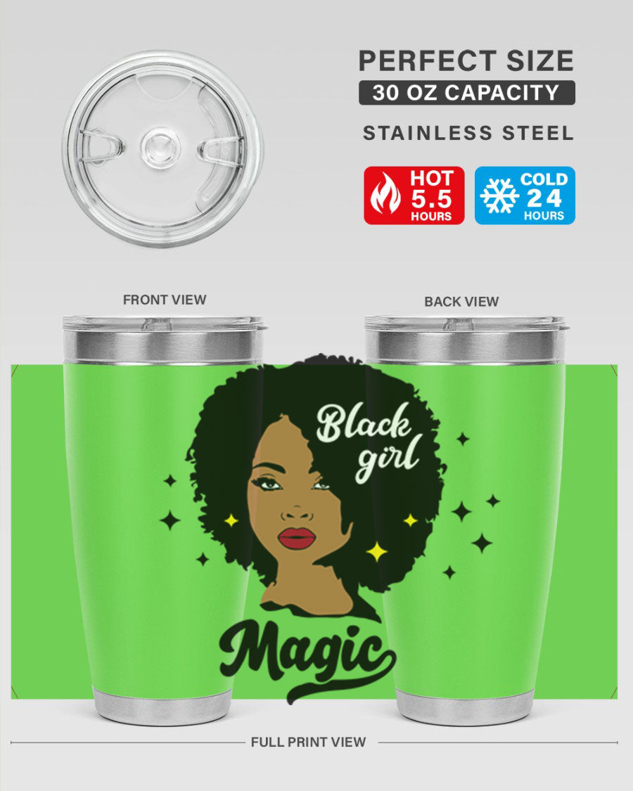 Black Girl Magic 20oz tumbler featuring a stylish design, double wall vacuum insulation, and a press-in drink-thru lid.