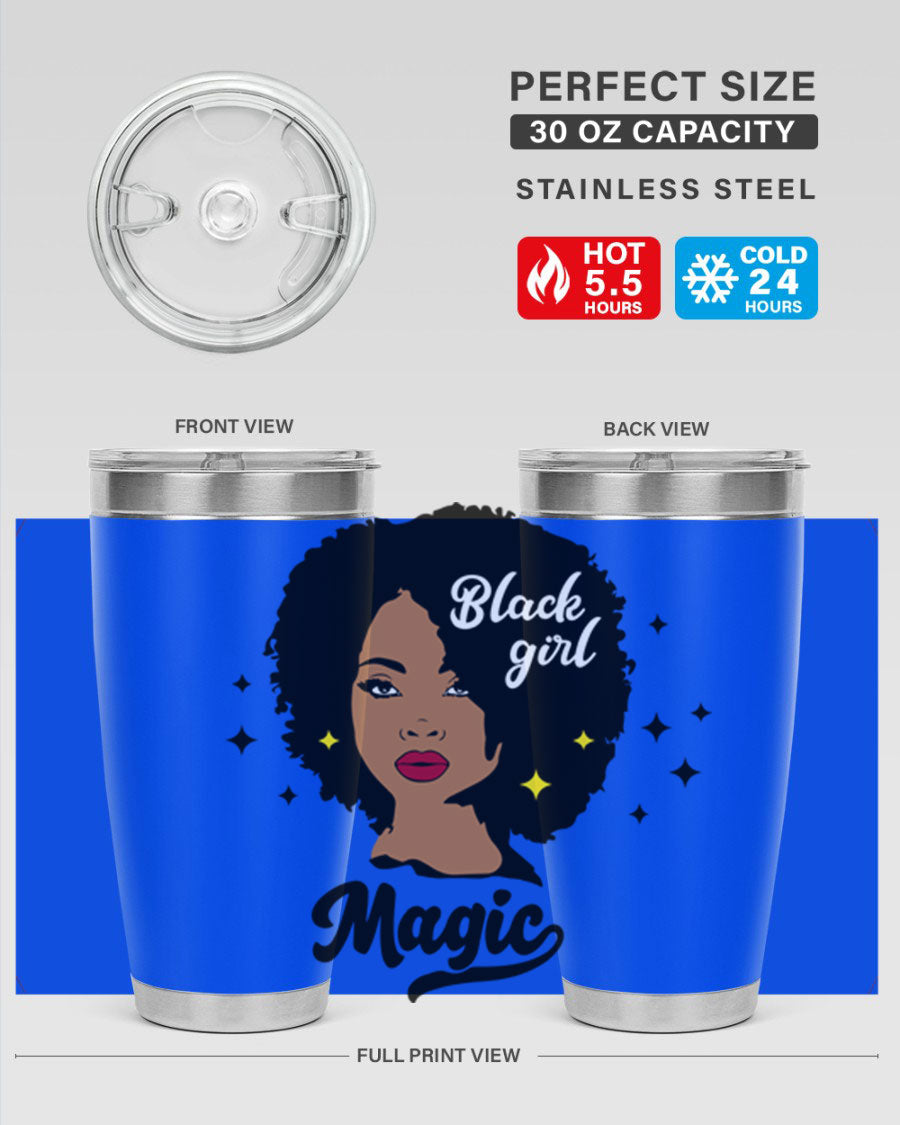 Black Girl Magic 20oz tumbler featuring a stylish design, double wall vacuum insulation, and a press-in drink-thru lid.