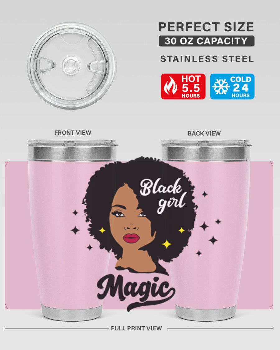 Black Girl Magic 20oz tumbler featuring a stylish design, double wall vacuum insulation, and a press-in drink-thru lid.