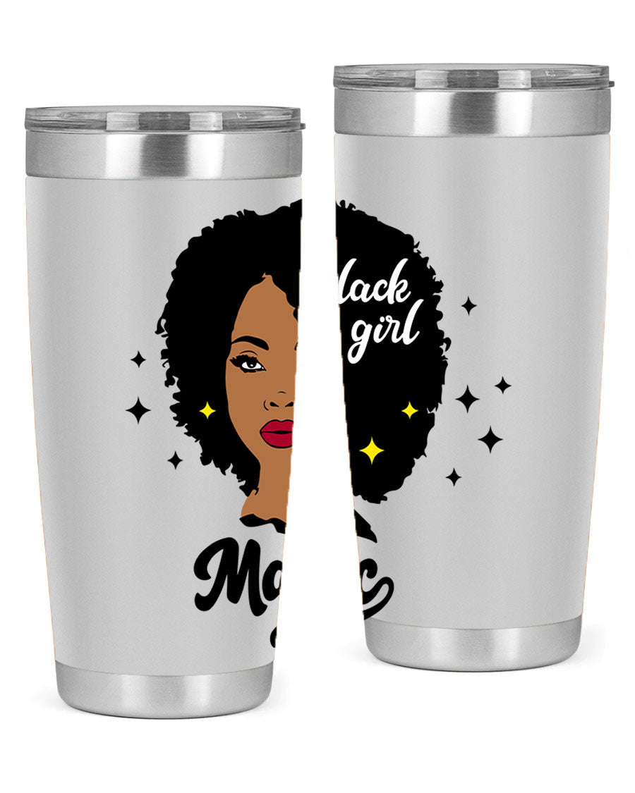 Black Girl Magic 20oz tumbler featuring a stylish design, double wall vacuum insulation, and a press-in drink-thru lid.