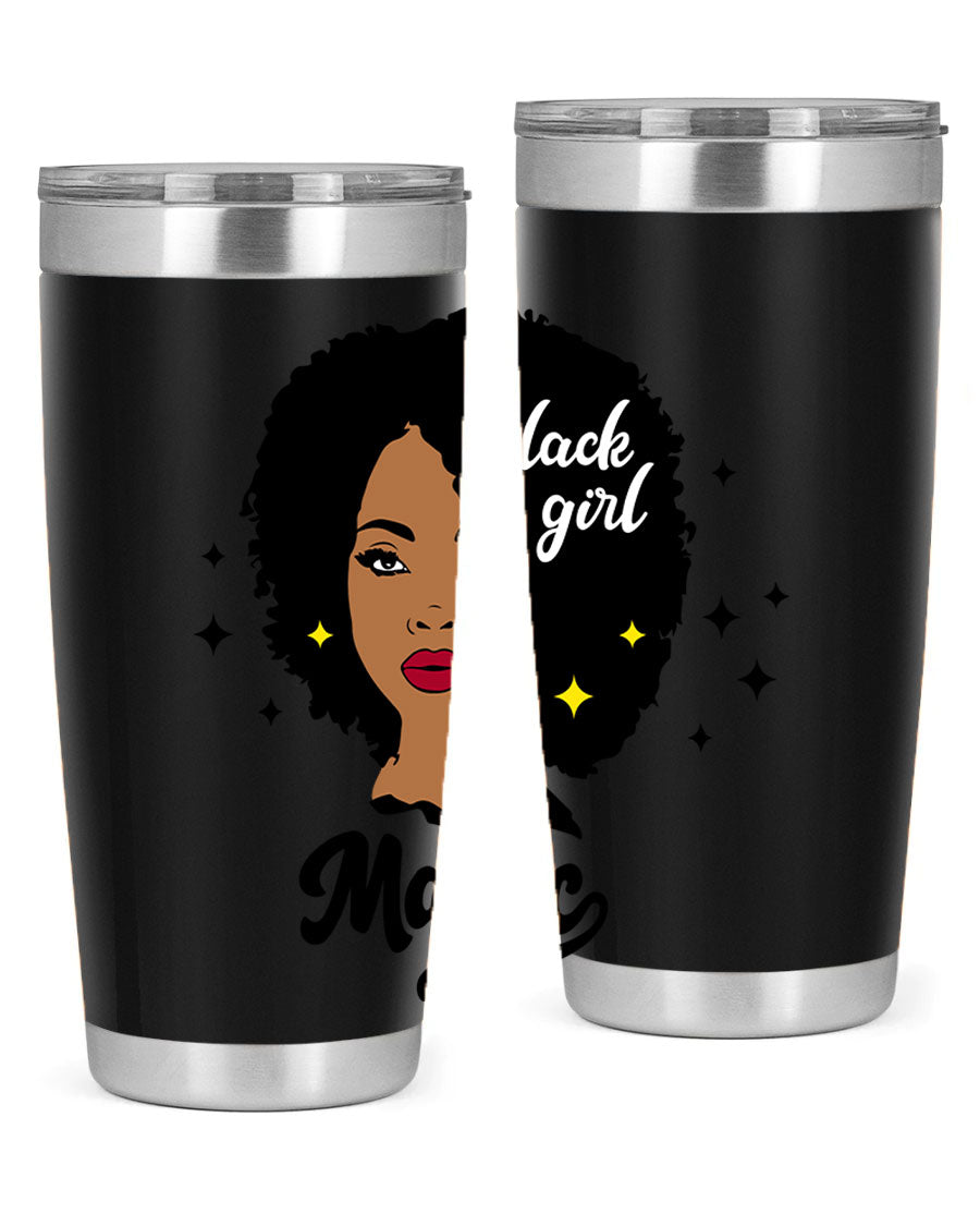 Black Girl Magic 20oz tumbler featuring a stylish design, double wall vacuum insulation, and a press-in drink-thru lid.