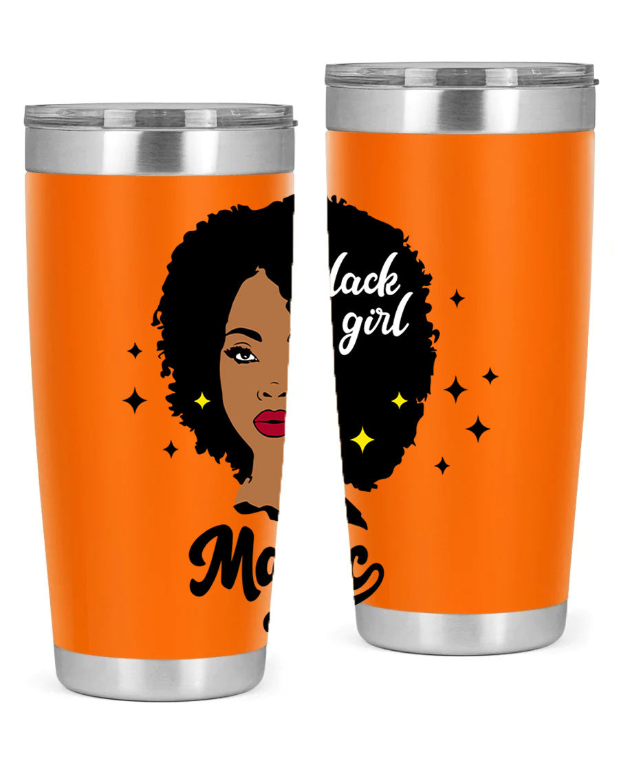 Black Girl Magic 20oz tumbler featuring a stylish design, double wall vacuum insulation, and a press-in drink-thru lid.