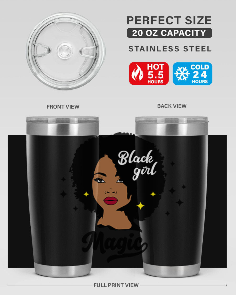 Black Girl Magic 20oz tumbler featuring a stylish design, double wall vacuum insulation, and a press-in drink-thru lid.