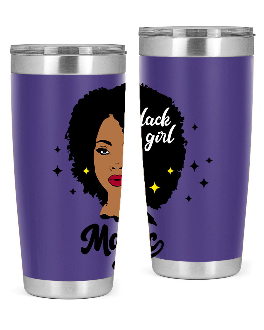 Black Girl Magic 20oz tumbler featuring a stylish design, double wall vacuum insulation, and a press-in drink-thru lid.