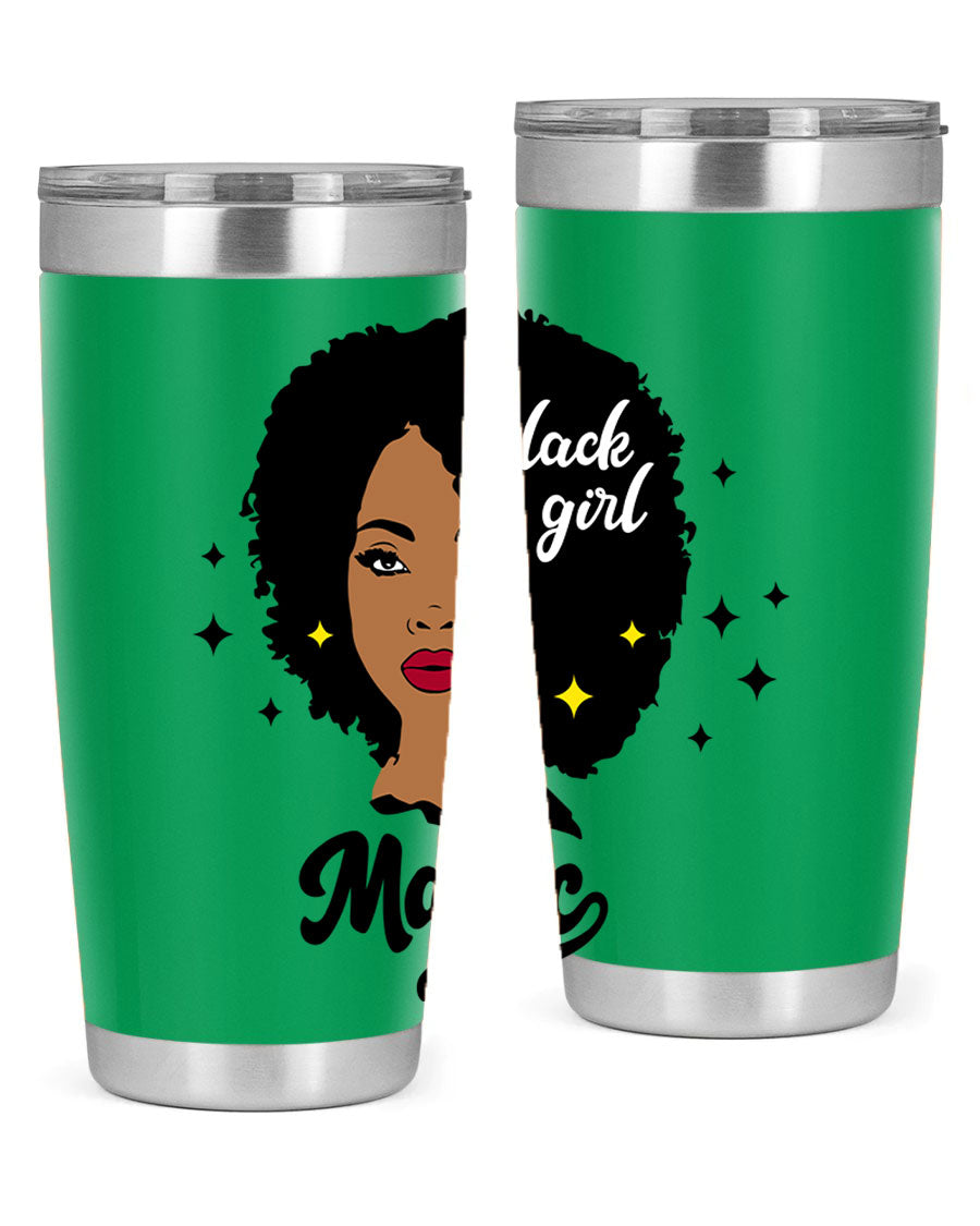 Black Girl Magic 20oz tumbler featuring a stylish design, double wall vacuum insulation, and a press-in drink-thru lid.