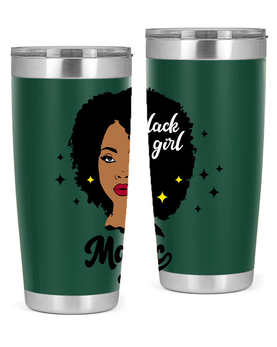 Black Girl Magic 20oz tumbler featuring a stylish design, double wall vacuum insulation, and a press-in drink-thru lid.