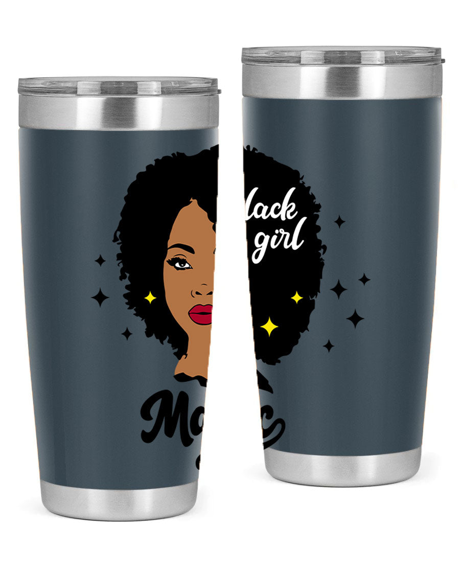 Black Girl Magic 20oz tumbler featuring a stylish design, double wall vacuum insulation, and a press-in drink-thru lid.