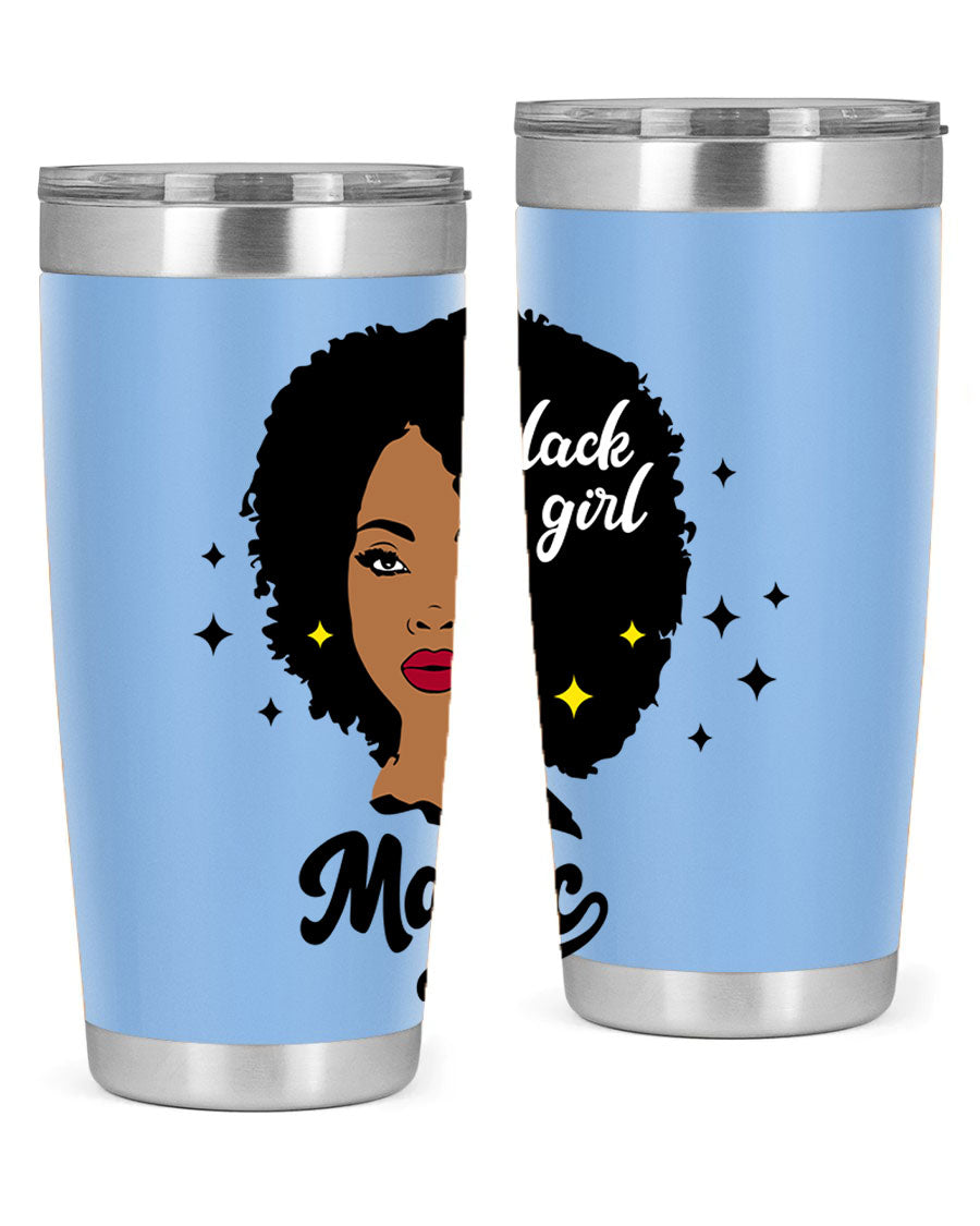 Black Girl Magic 20oz tumbler featuring a stylish design, double wall vacuum insulation, and a press-in drink-thru lid.