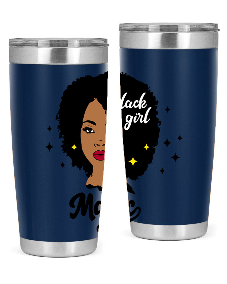 Black Girl Magic 20oz tumbler featuring a stylish design, double wall vacuum insulation, and a press-in drink-thru lid.