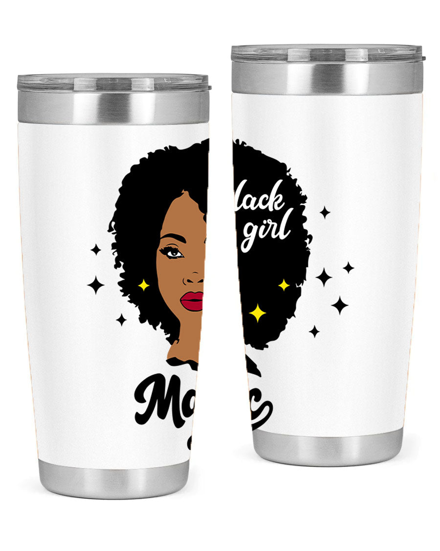 Black Girl Magic 20oz tumbler featuring a stylish design, double wall vacuum insulation, and a press-in drink-thru lid.