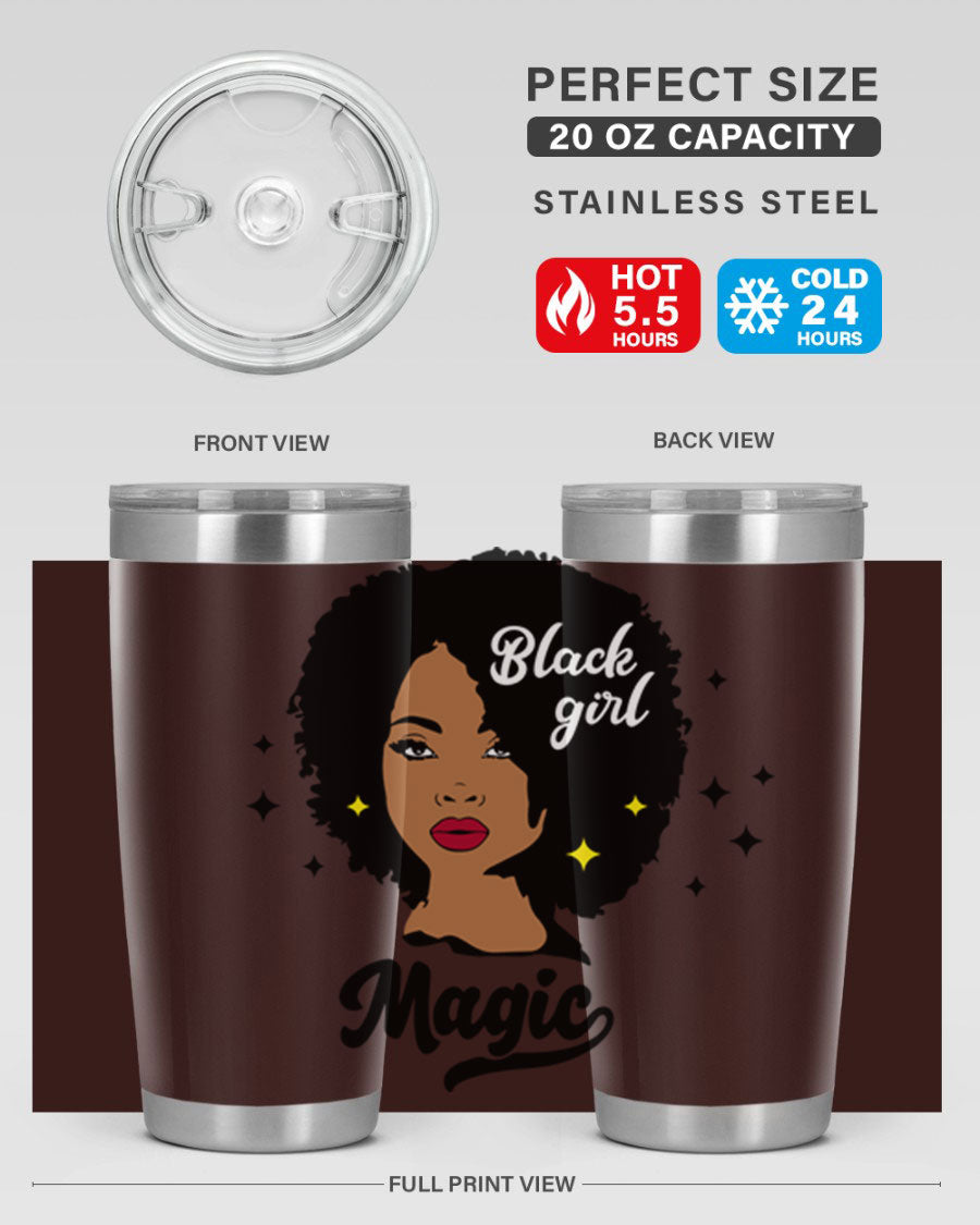 Black Girl Magic 20oz tumbler featuring a stylish design, double wall vacuum insulation, and a press-in drink-thru lid.