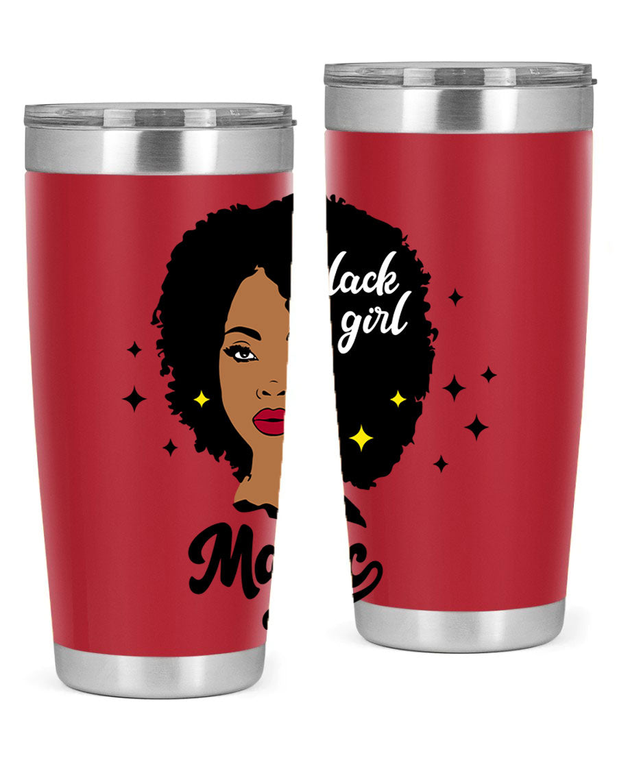 Black Girl Magic 20oz tumbler featuring a stylish design, double wall vacuum insulation, and a press-in drink-thru lid.