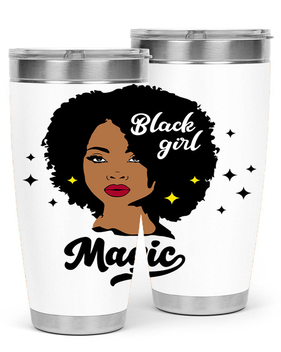 Black Girl Magic 20oz tumbler featuring a stylish design, double wall vacuum insulation, and a press-in drink-thru lid.