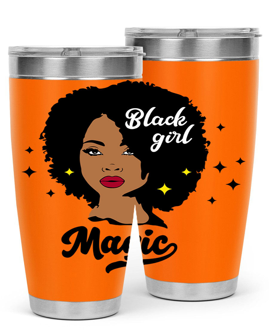 Black Girl Magic 20oz tumbler featuring a stylish design, double wall vacuum insulation, and a press-in drink-thru lid.