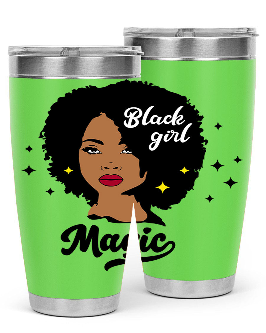 Black Girl Magic 20oz tumbler featuring a stylish design, double wall vacuum insulation, and a press-in drink-thru lid.